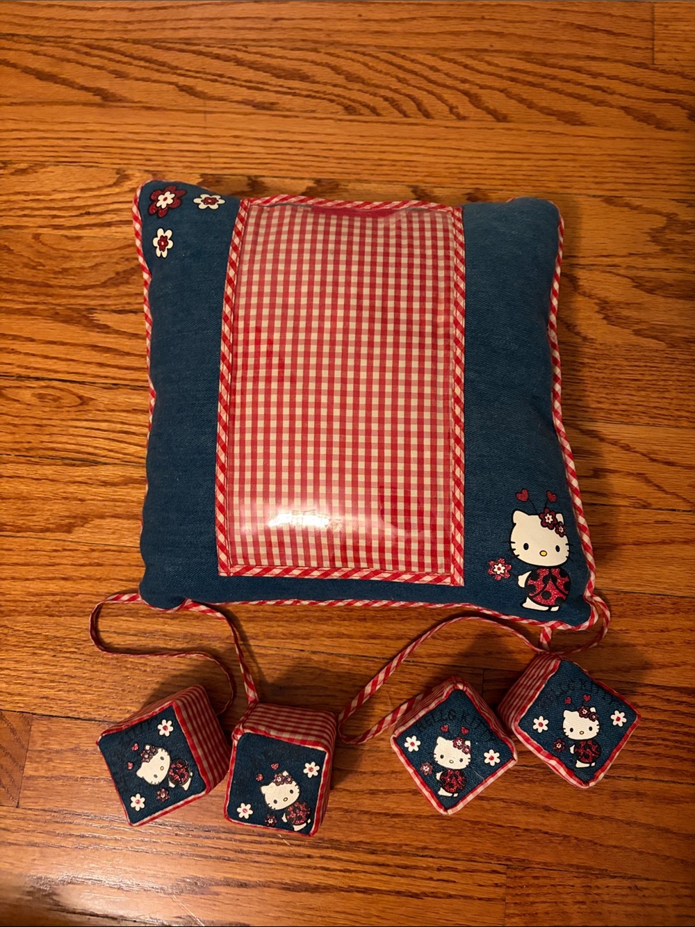 Hello Kitty Red Gingham and Denim Decorative Pillow with Hanging Dice